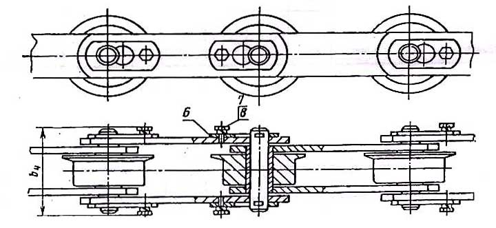 Цепи тяговые пластинчатые (М; МС) катковые с ребордами на катках с подшипниками скольжения (тип 4)
